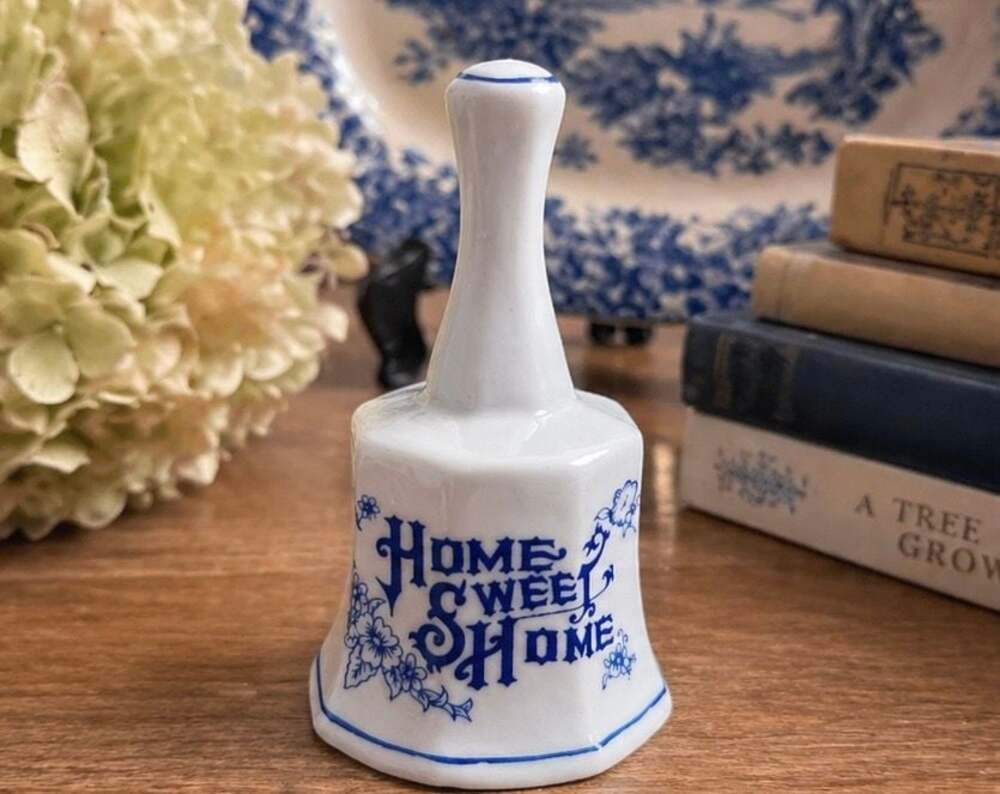 Vintage Blue and White Porcelain "Home Sweet Home" Floral Bell